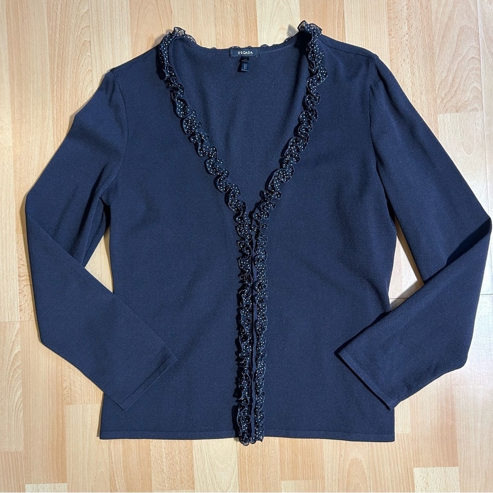 Escada Black Button Up Stretch Cardigan with Black and White Polka Dot‎ Ruffles